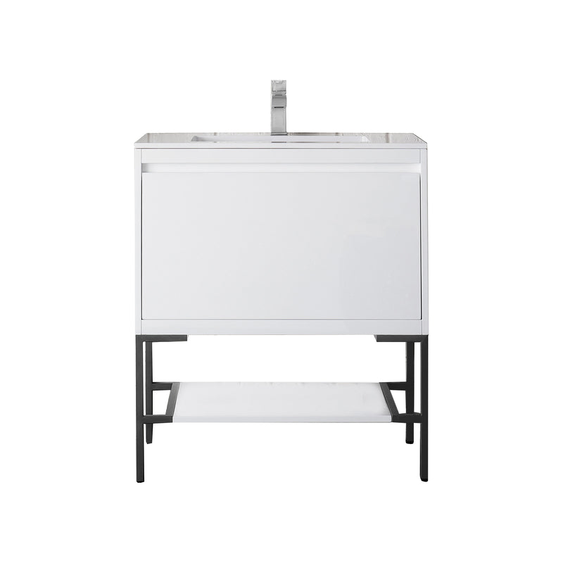 James Martin Milan 31.5" Single Vanity Cabinet Glossy White Matte Black with Glossy White Composite Top 801V31.5GWMBKGW