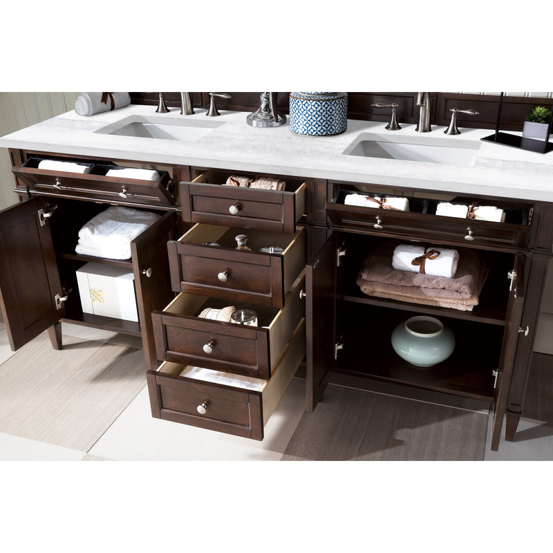 James Martin Brittany 72" Burnished Mahogany Double Vanity with 3 cm Arctic Fall Solid Surface Top 650-V72-BNM-3AF