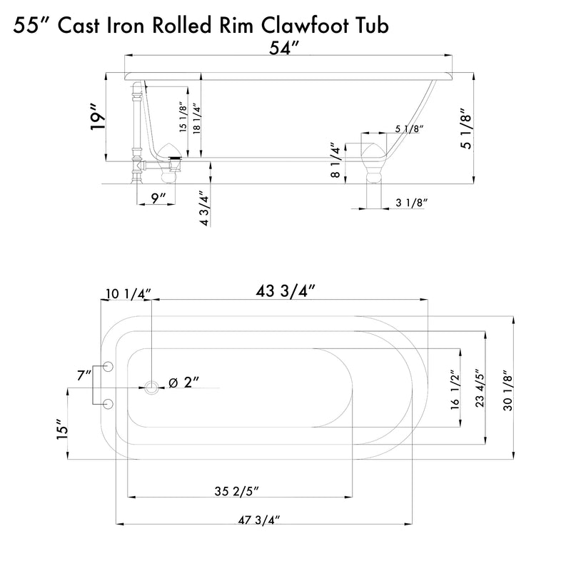 Cambridge Plumbing Cast Iron Rolled Rim Clawfoot Tub 55" x 30" 7" Drillings BN Package