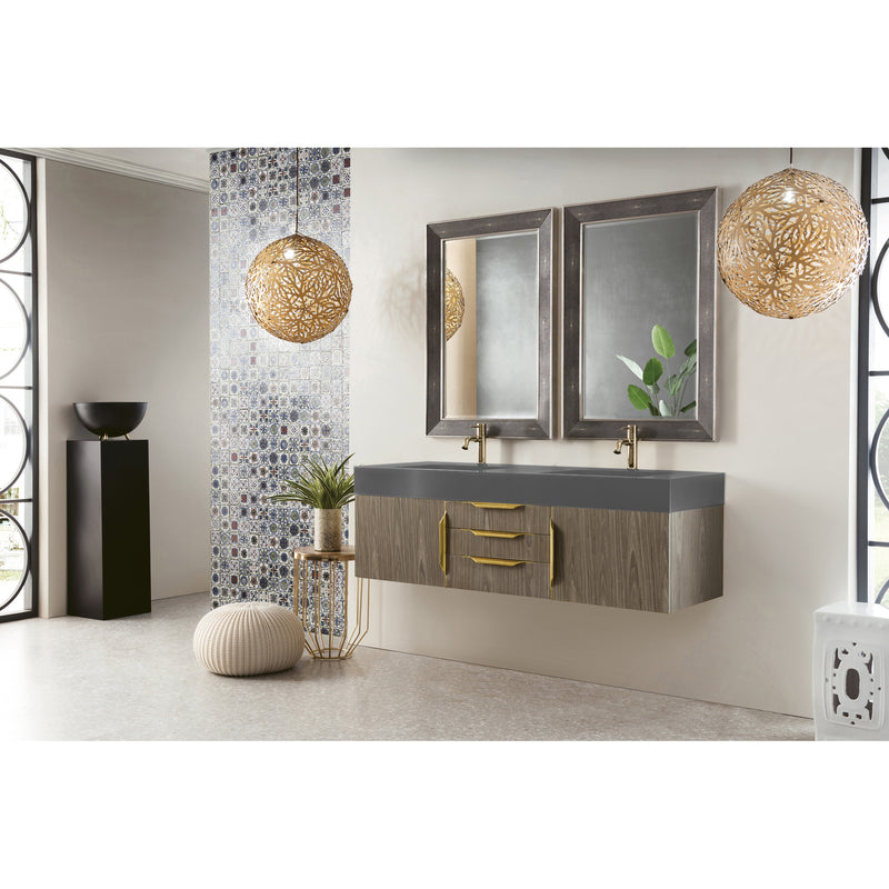 James Martin Mercer Island 59" Double Vanity Ash Gray Radiant Gold with Dusk Gray Glossy Composite Top 389-V59D-AGR-G-DGG