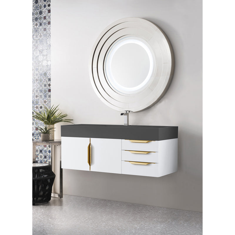 James Martin Mercer Island 48" Single Vanity Glossy White Radiant Gold with Dusk Gray Glossy Composite Top 389-V48-GW-G-DGG