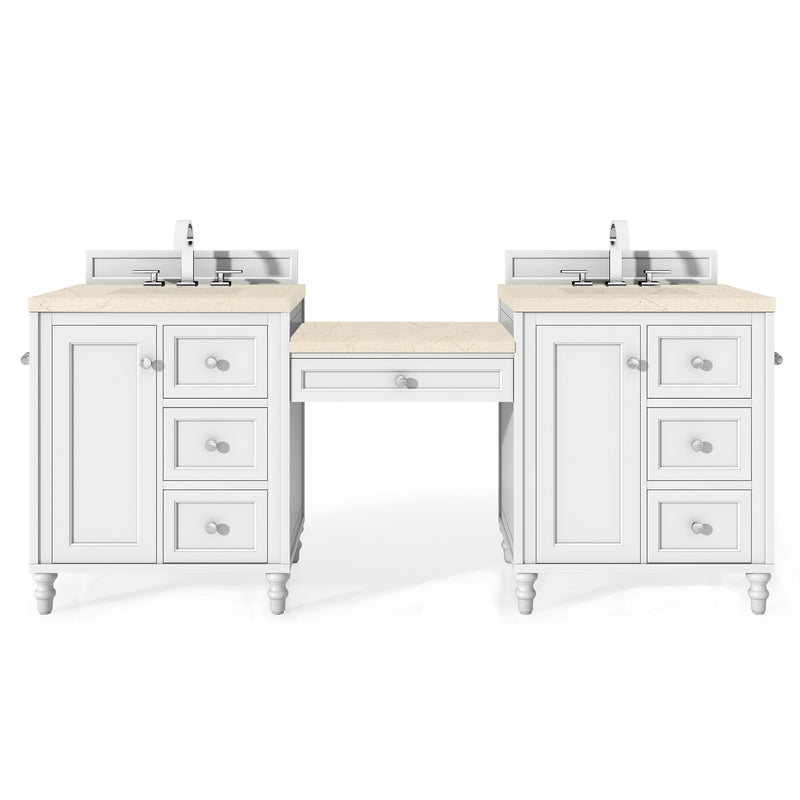 James Martin Copper Cove Encore 86" Double Vanity Set Bright White with Makeup Table 3 cm Eternal Marfil Quartz Top 301-V86-BW-DU-3EMR