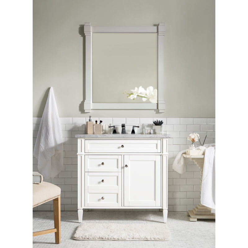 James Martin Brittany 36" Bright White Single Vanity with 3 cm Carrara Marble Top 650-V36-BW-3CAR