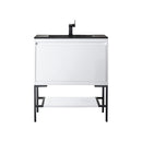 James Martin Milan 31.5" Single Vanity Cabinet Glossy White Matte Black with Charcoal Black Composite Top 801V31.5GWMBKCHB