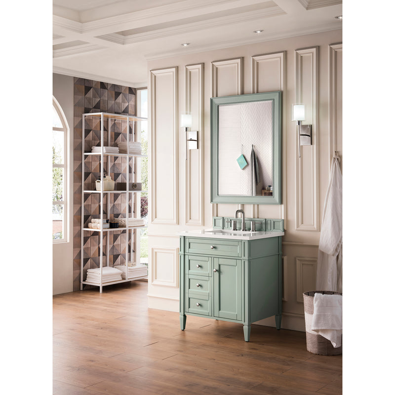 James Martin Brittany 30" Single Vanity Sage Green with 3 cm Classic White Quartz Top 650-V30-SGR-3CLW