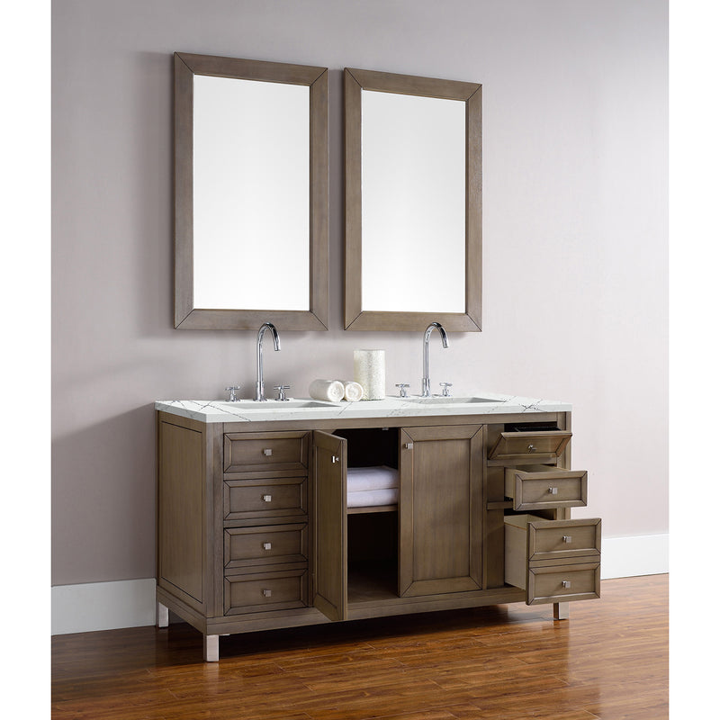 James Martin Chicago 60" Double Vanity Whitewashed Walnut with 3 cm Ethereal Noctis Quartz Top 305-V60D-WWW-3ENC