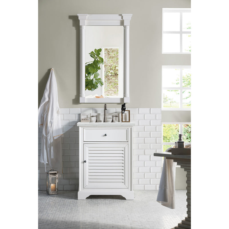 James Martin Savannah 26" Single Vanity Cabinet Bright White with 3 cm Ethereal Noctis Quartz Top 238-104-V26-BW-3ENC