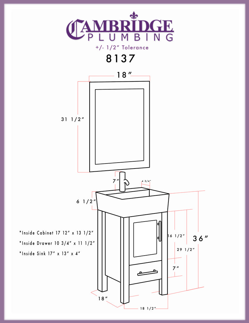 Cambridge Plumbing 18" White Solid Wood and Porcelain Single Vessel Sink Vanity PC Faucets