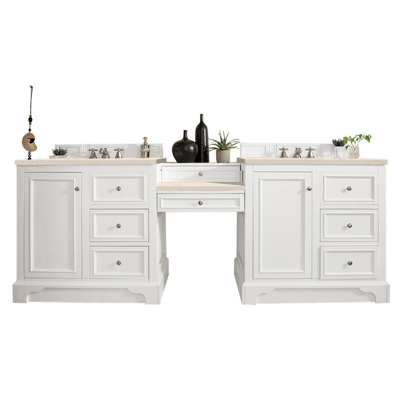 James Martin De Soto 94" Double Vanity Set Bright White with Makeup Table 3 cm Eternal Marfil Quartz Top 825-V94-BW-DU-EMR