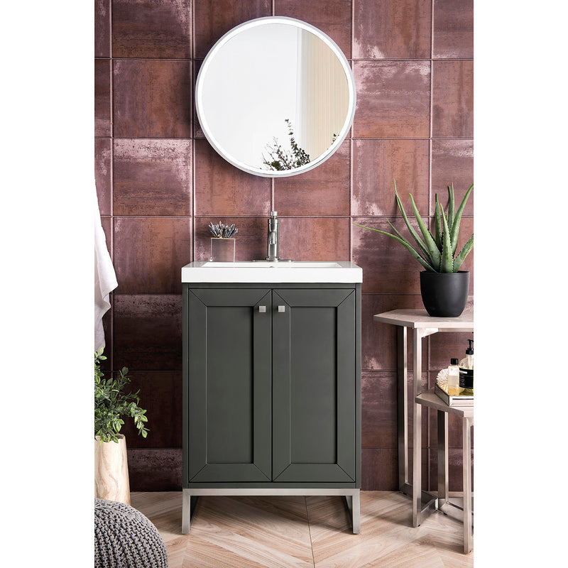 James Martin Chianti 24" Single Vanity Cabinet Mineral Gray Brushed Nickel with White Glossy Composite Countertop E303V24MGBNKWG