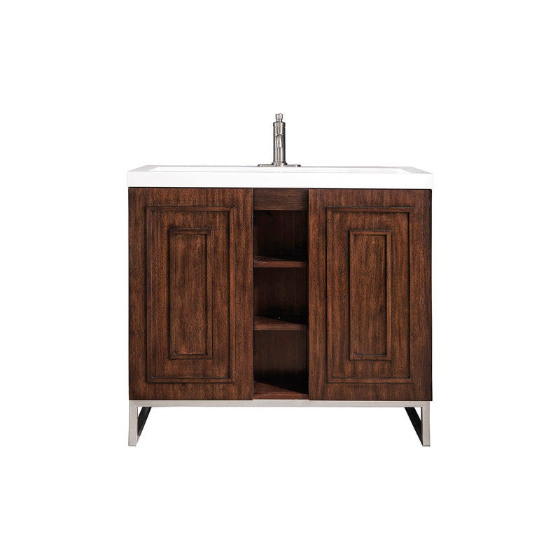 James Martin Alicante' 39.5" Single Vanity Cabinet Mid Century Acacia Brushed Nickel with White Glossy Composite Countertop E110V39.5MCABNKWG