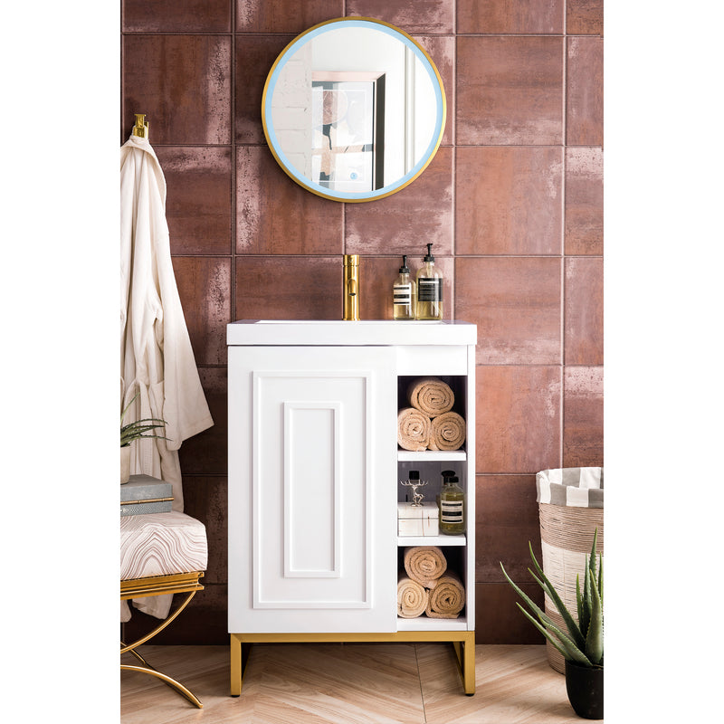 James Martin Alicante' 24" Single Vanity Cabinet Glossy White Radiant Gold with White Glossy Resin Countertop E110-V24-GW-RGD-WG