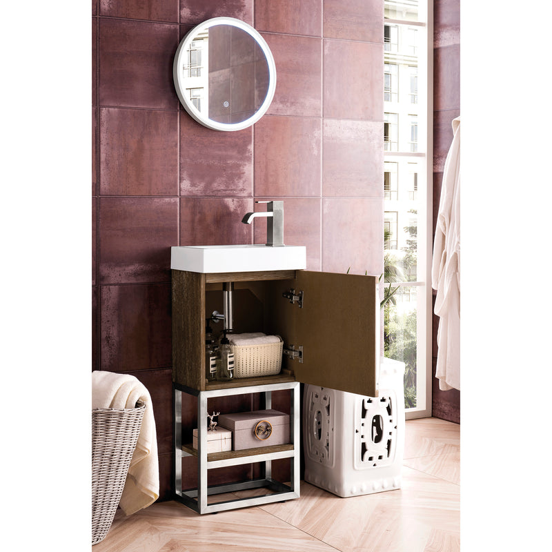 James Martin Columbia 16" Single Vanity Cabinet Latte Oak Brushed Nickel with White Glossy Resin Countertop 388-V16-LTO-BNK-WG