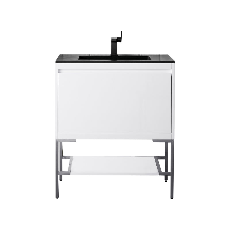 James Martin Milan 31.5" Single Vanity Cabinet Glossy White Brushed Nickel with Charcoal Black Composite Top 801V31.5GWBNKCHB