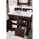 James Martin Brookfield 36" Burnished Mahogany Single Vanity with 3 cm Eternal Jasmine Pearl Quartz Top 147-114-5566-3EJP