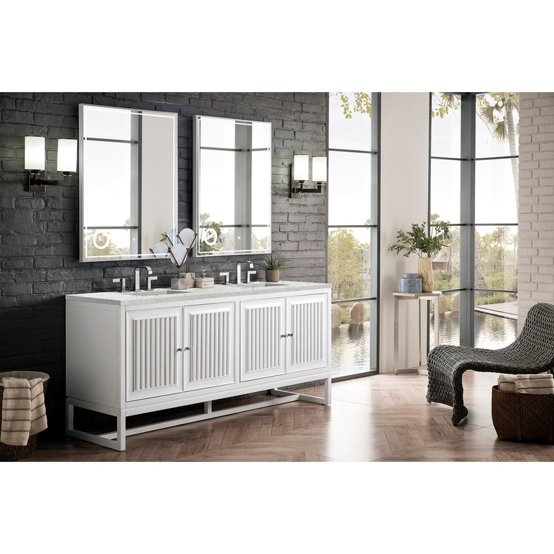 James Martin Athens 72" Double Vanity Cabinet Glossy White with 3 cm Eternal Jasmine Pearl Quartz Top E645-V72-GW-3EJP