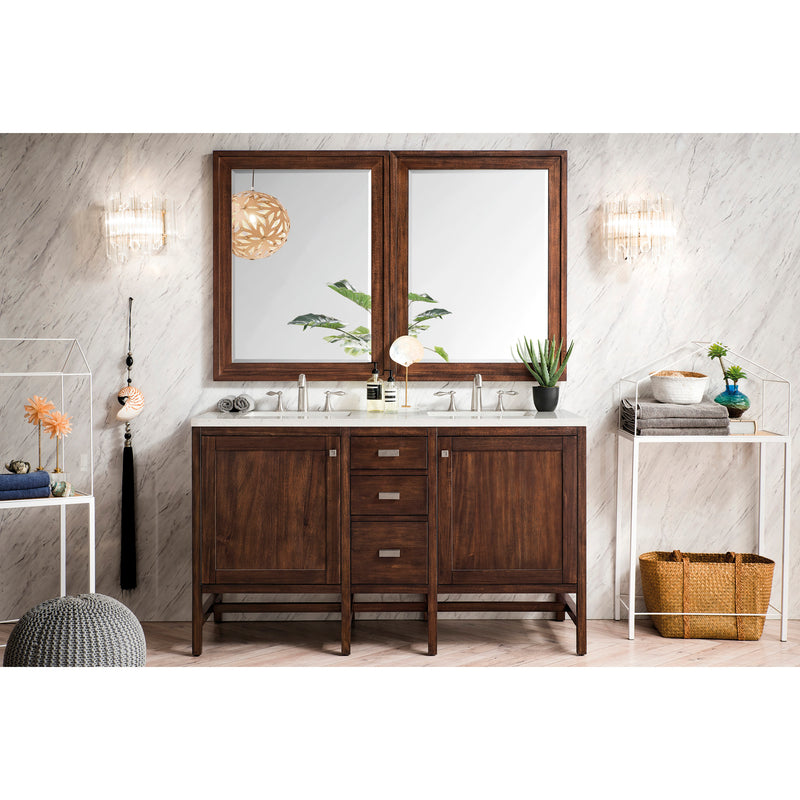 James Martin Addison 60" Double Vanity Cabinet Mid Century Acacia with 3 cm Carrara White Top E444-V60D-MCA-3CAR