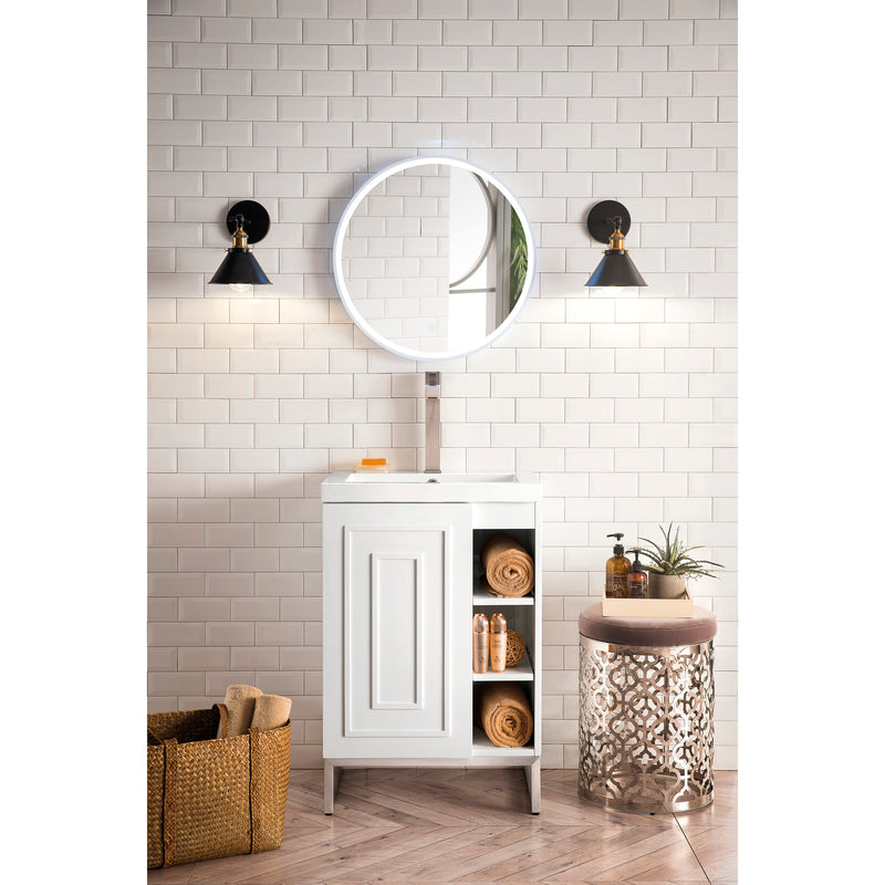 James Martin Alicante' 24" Single Vanity Cabinet Glossy White Brushed Nickel with White Glossy Resin Countertop E110-V24-GW-BNK-WG