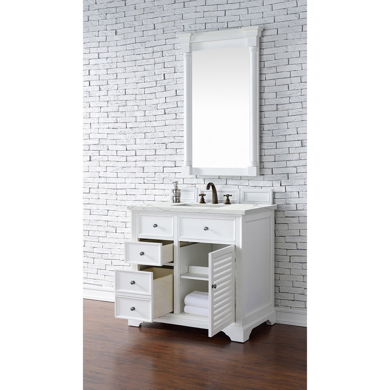 James Martin Savannah 36" Single Vanity Cabinet Bright White with 3 cm Ethereal Noctis Quartz Top 238-104-V36-BW-3ENC