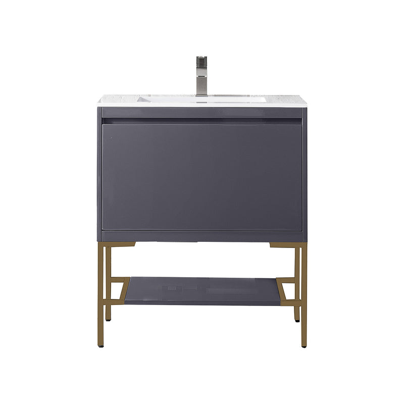 James Martin Milan 31.5" Single Vanity Cabinet Modern Gray Glossy Radiant Gold with Glossy White Composite Top 801V31.5MGGRGDGW