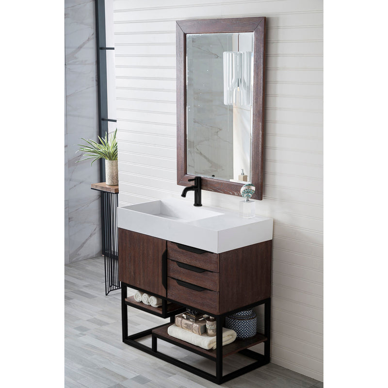 James Martin Columbia 36" Single Vanity Coffee Oak Matte Black with Glossy White Composite Top 388-V36-CFO-MB-GW