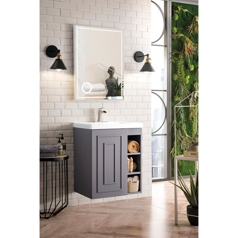 James Martin Alicante' 24" Single Vanity Cabinet Gray Smoke with White Glossy Resin Countertop E110-V24-GSM-WG