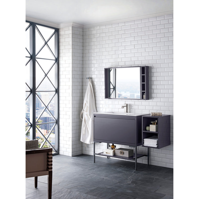 James Martin Milan 35.4" Single Vanity Cabinet Modern Gray Glossy Matte Black with Glossy White Composite Top 801V35.4MGGMBKGW