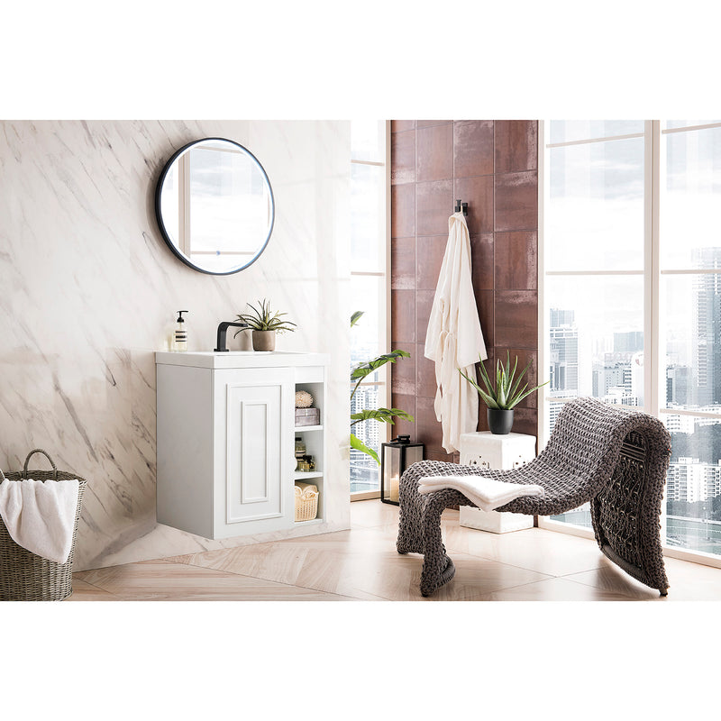 James Martin Alicante' 24" Single Vanity Cabinet Glossy White with White Glossy Composite Countertop E110V24GWWG