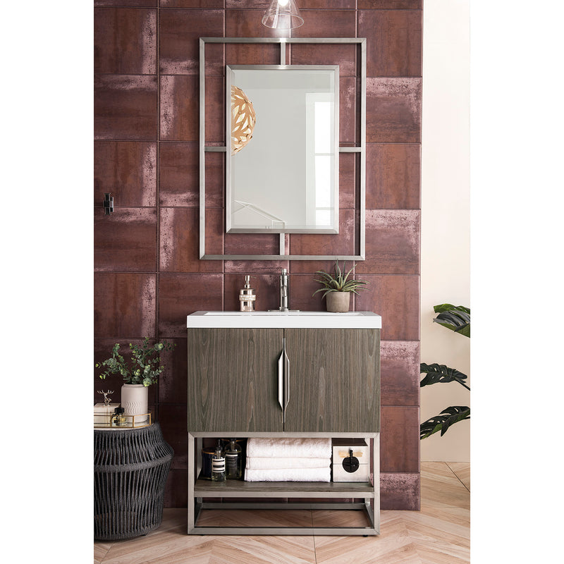 James Martin Columbia 31.5" Single Vanity Cabinet Ash Gray Brushed Nickel with White Glossy Composite Countertop 388V31.5AGRBNKWG