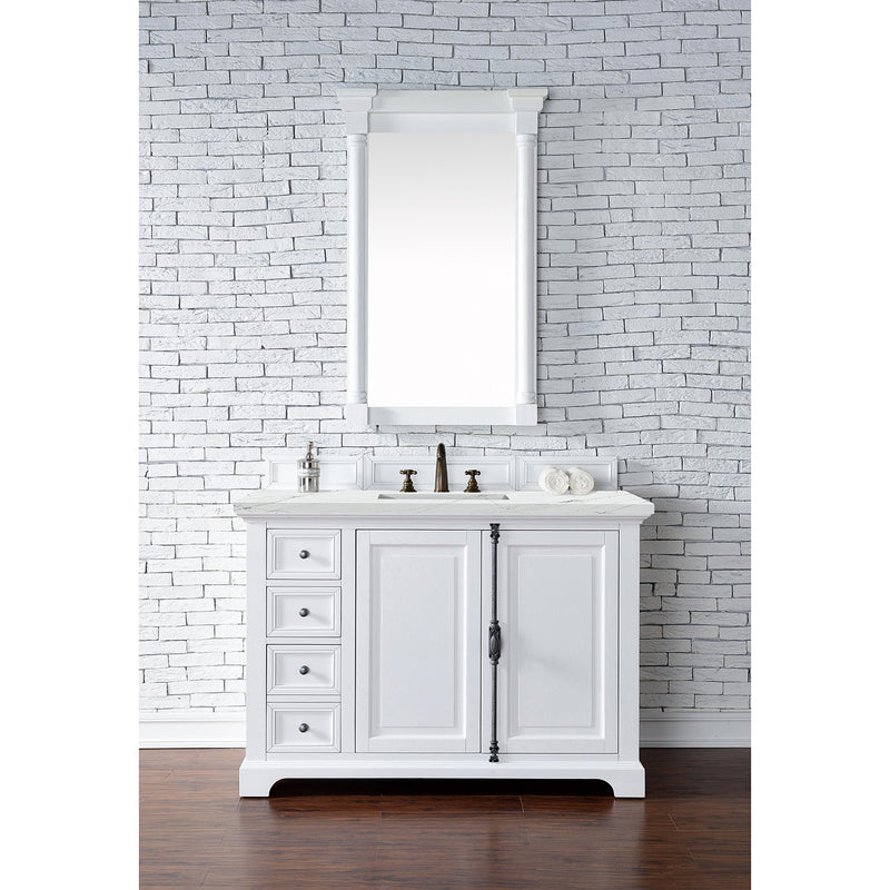 James Martin Providence 48" Single Vanity Cabinet Bright White with 3 cm Ethereal Noctis Quartz Top 238-105-V48-BW-3ENC