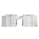 James Martin De Soto 118" Double Vanity Set Bright White with Makeup Table 3 cm Eternal Serena Quartz Top 825-V118-BW-DU-ESR