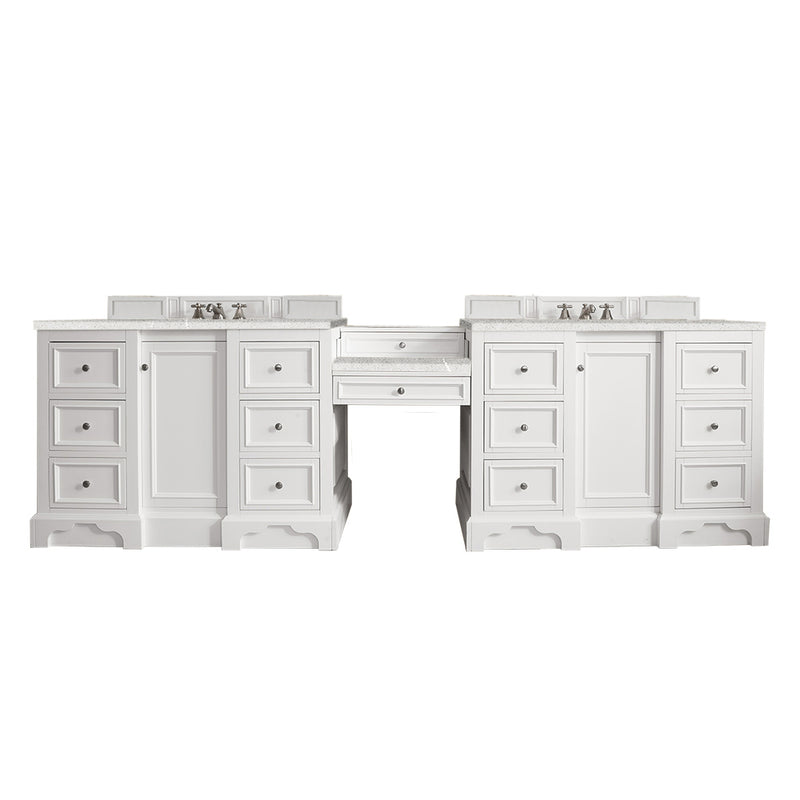 James Martin De Soto 118" Double Vanity Set Bright White with Makeup Table 3 cm Eternal Serena Quartz Top 825-V118-BW-DU-ESR