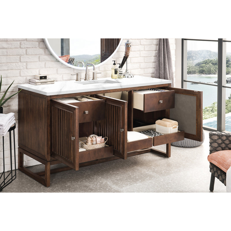 James Martin Athens 60" Single Vanity Cabinet Mid Century Acacia with 3 cm Carrara White Top E645-V60S-MCA-3CAR