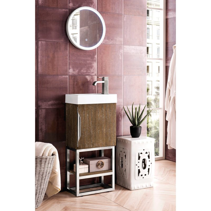 James Martin Columbia 16" Single Vanity Cabinet Latte Oak Brushed Nickel with White Glossy Resin Countertop 388-V16-LTO-BNK-WG