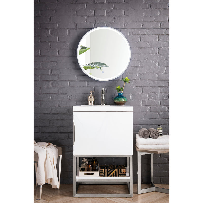 James Martin Columbia 24" Single Vanity Cabinet Glossy White Brushed Nickel with White Glossy Resin Countertop 388-V24-GW-BNK-WG