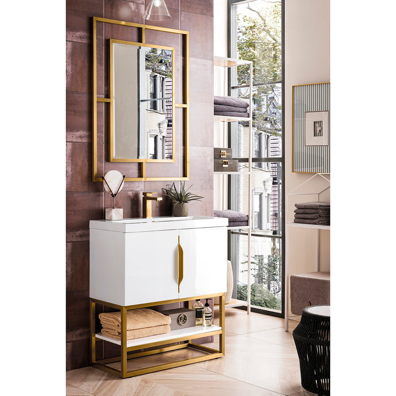 James Martin Columbia 31.5" Single Vanity Cabinet Glossy White Radiant Gold with White Glossy Composite Countertop 388V31.5GWRGDWG