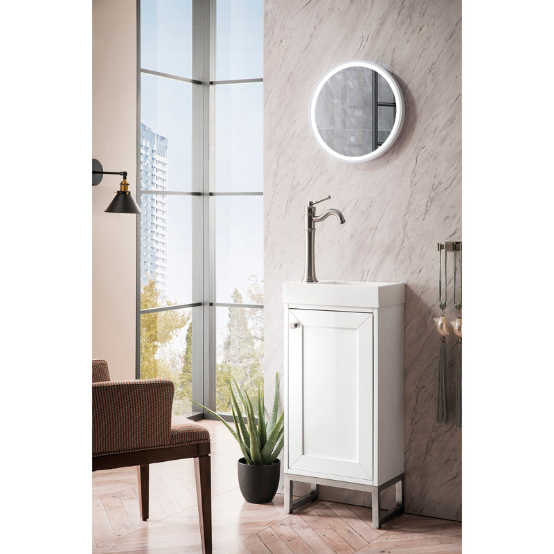 James Martin Chianti 16" Single Vanity Cabinet Glossy White Brushed Nickel with White Glossy Resin Countertop E303-V16-GW-BNK-WG