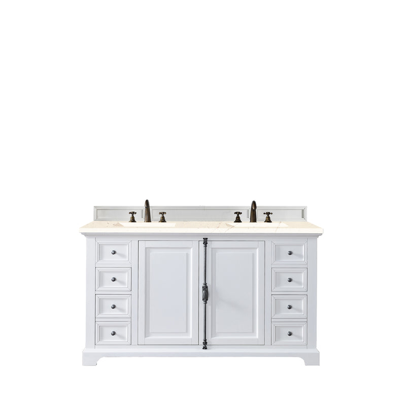 James Martin Providence 60" Double Vanity Cabinet Bright White with 3 cm Eternal Marfil Quartz Top 238-105-V60D-BW-3EMR