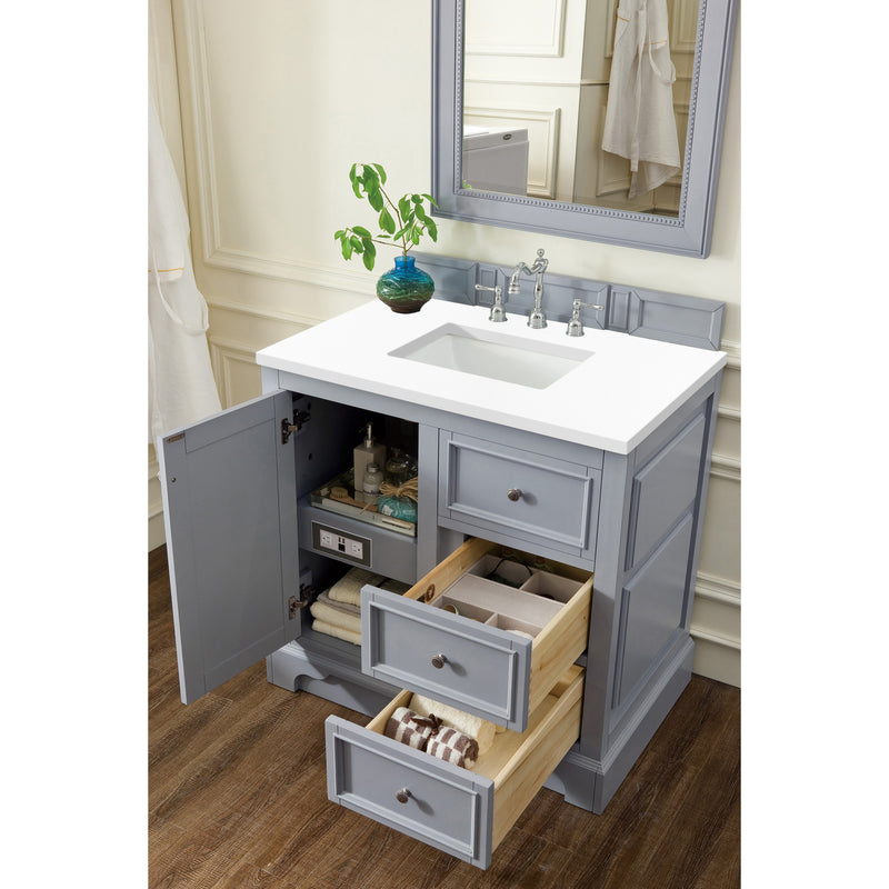 James Martin De Soto 36" Single Vanity Silver Gray with 3 cm Classic White Quartz Top 825-V36-SL-3CLW