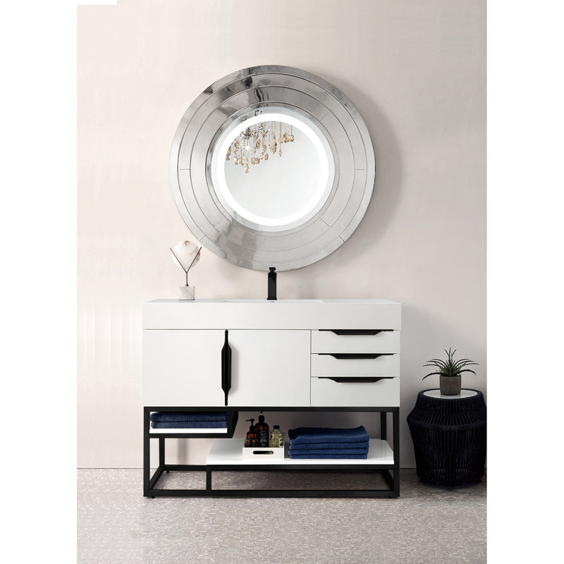 James Martin Columbia 48" Single Vanity Glossy White Matte Black with Glossy White Composite Top 388-V48-GW-MB-GW