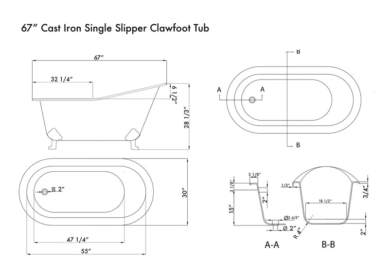 Cambridge Plumbing Cast Iron Slipper Clawfoot Tub 67" x 30" No Faucet Drillings BRZ Feet