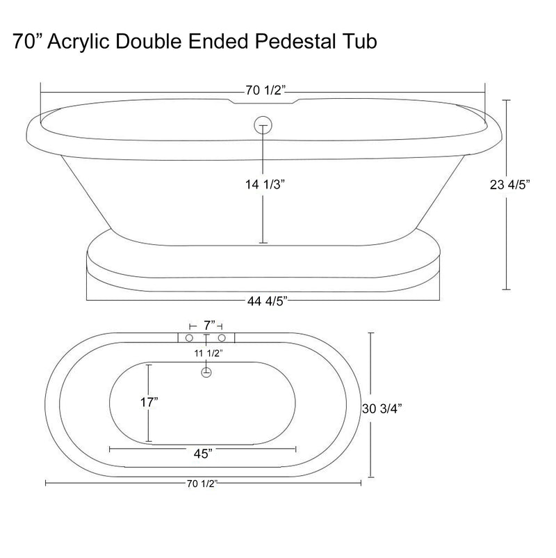 Cambridge Plumbing Acrylic Double Ended Pedestal Bathtub 70" x 30" 7" Drillings