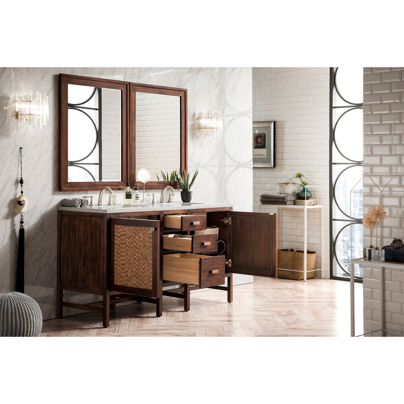 James Martin Addison 60" Double Vanity Cabinet Mid Century Acacia with 3 cm Carrara White Top E444-V60D-MCA-3CAR