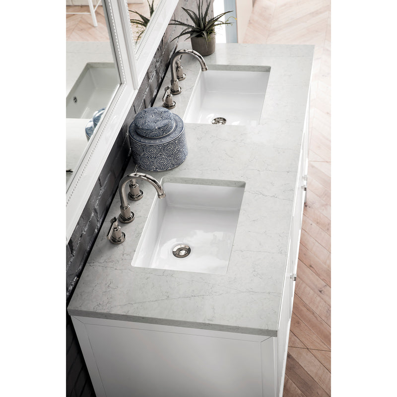 James Martin Athens 60" Double Vanity Cabinet Glossy White with 3 cm Eternal Jasmine Pearl Quartz Top E645-V60D-GW-3EJP