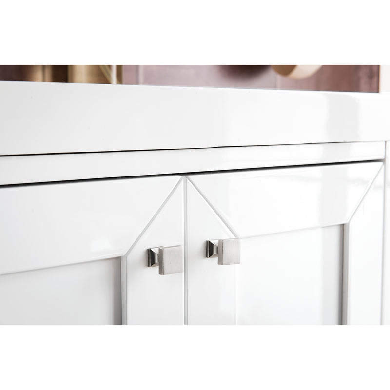 James Martin Chianti 24" Single Vanity Cabinet Glossy White Brushed Nickel with White Glossy Resin Countertop E303-V24-GW-BNK-WG