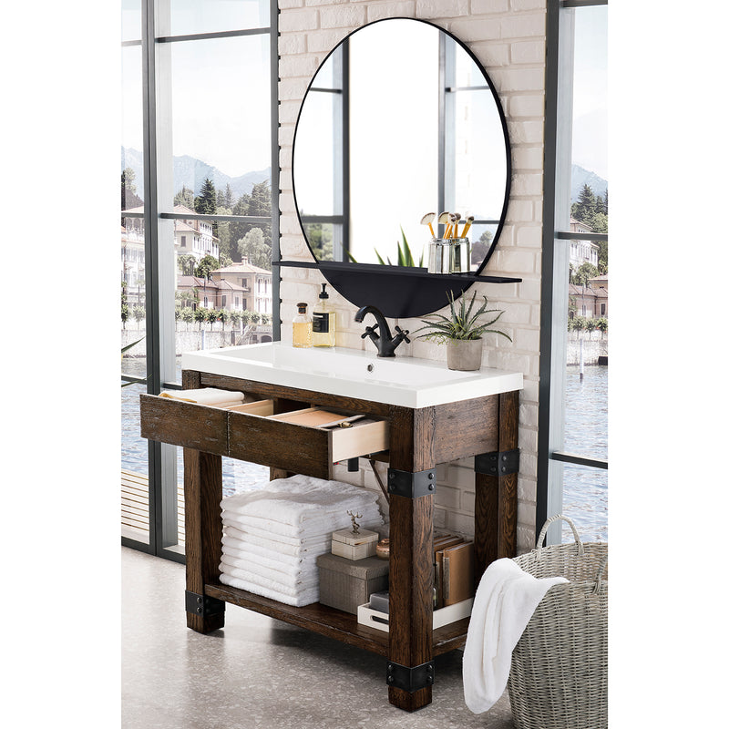 James Martin Brooklyn 39.5" Wooden Sink Console Rustic Ash with White Glossy Composite Countertop C205V39.5RSAWG