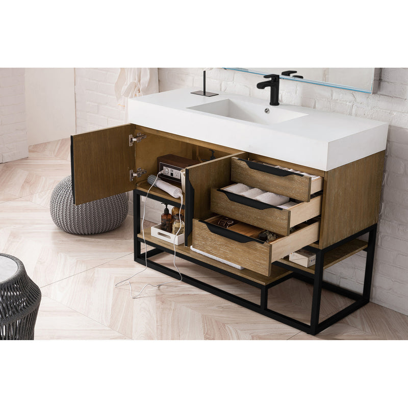 James Martin Columbia 48" Single Vanity Latte Oak Matte Black with Glossy White Composite Top 388-V48-LTO-MB-GW