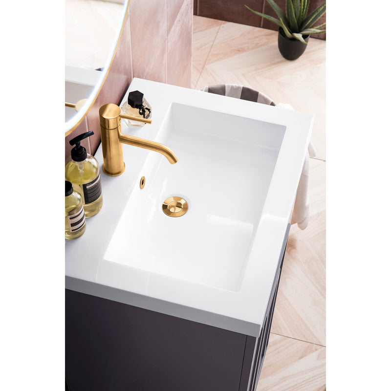 James Martin Alicante' 24" Single Vanity Cabinet Gray Smoke Radiant Gold with White Glossy Resin Countertop E110-V24-GSM-RGD-WG