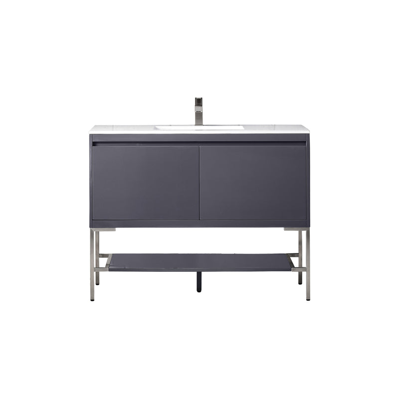 James Martin Milan 47.3" Single Vanity Cabinet Modern Grey Glossy Brushed Nickel with Glossy White Composite Top 801V47.3MGGBNKGW