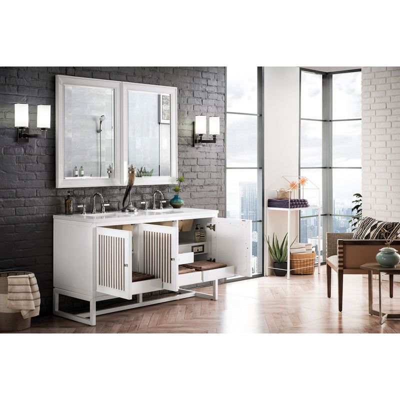 James Martin Athens 60" Double Vanity Cabinet Glossy White with 3 cm Classic White Quartz Top E645-V60D-GW-3CLW